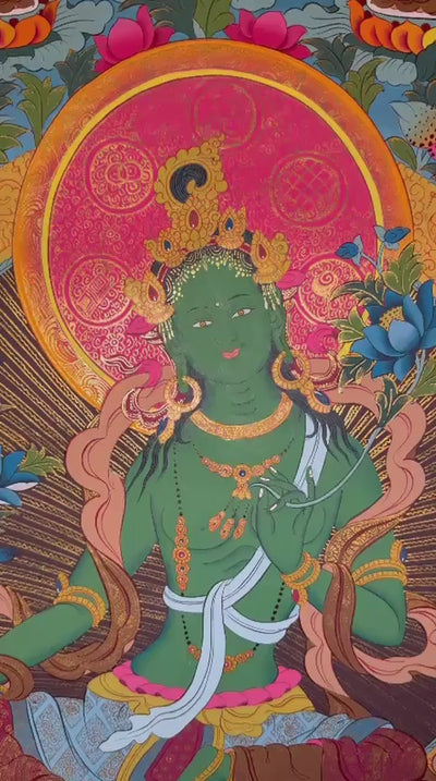 reen Tara thangka featuring the Buddhist goddess of compassion seated on a lotus throne surrounded by enlightened Buddhas and sacred Himalayan symbolism