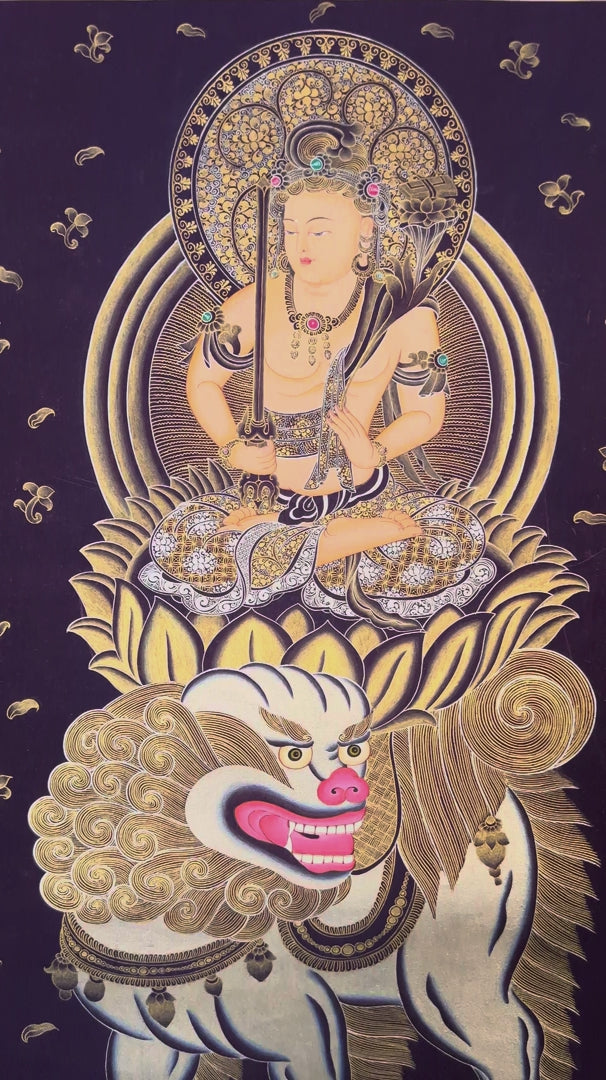 Hand-painted Manjushri on snow lion thangka in gold on black canvas featuring the Buddhist wisdom deity holding a flaming sword and lotus scripture