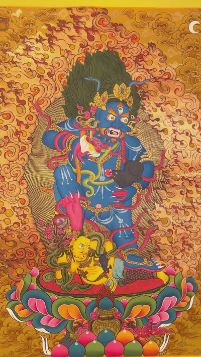 Black Zambhala wrathful thangka with flames, mongoose, and subdued figure symbolizing obstacle removal.