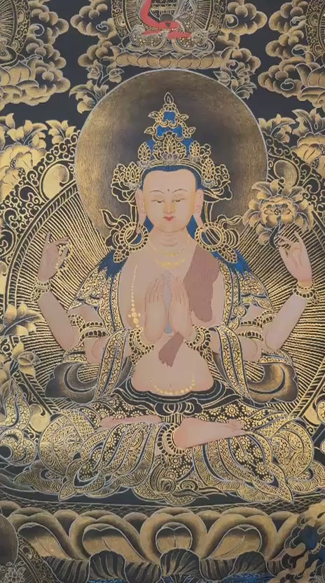 Black and Gold Chenrezig thangka featuring four-armed Avalokiteshvara seated on a lotus throne surrounded by intricate golden floral motifs and celestial Buddhas