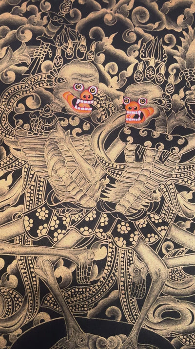 Hand-painted Citipati Skeleton Dance Thangka featuring the wrathful dancing skeletal Dharma protectors in traditional black and gold Tibetan Buddhist style.