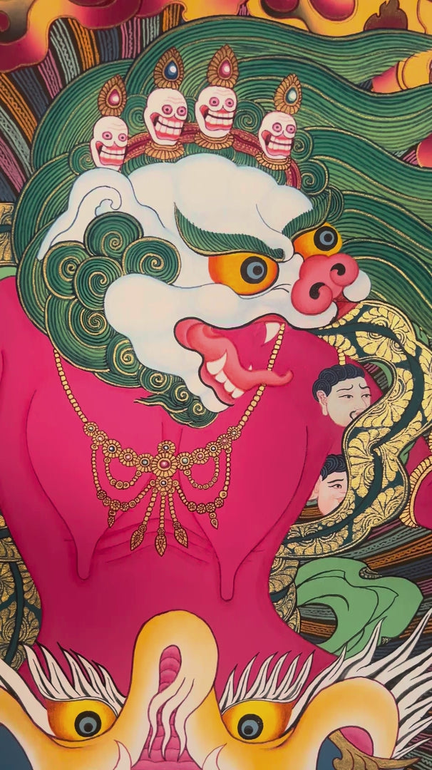 Hand-painted Simhamukha Thangka depicting the Lion-Faced Dakini surrounded by wisdom flames, symbolizing fearless wisdom and spiritual protection in Tibetan Buddhism.