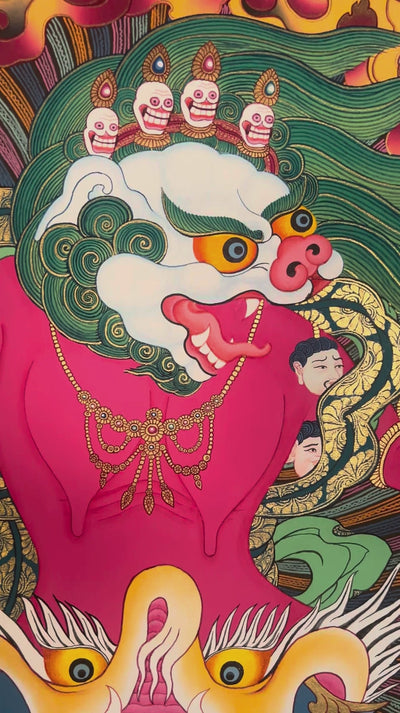 Hand-painted Simhamukha Thangka depicting the Lion-Faced Dakini surrounded by wisdom flames, symbolizing fearless wisdom and spiritual protection in Tibetan Buddhism.