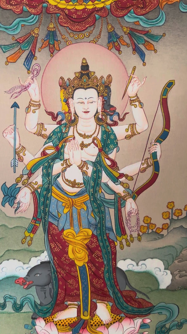 Standing Marichi Tibetan Buddhist thangka featuring multi-armed white goddess holding sacred implements above lotus throne