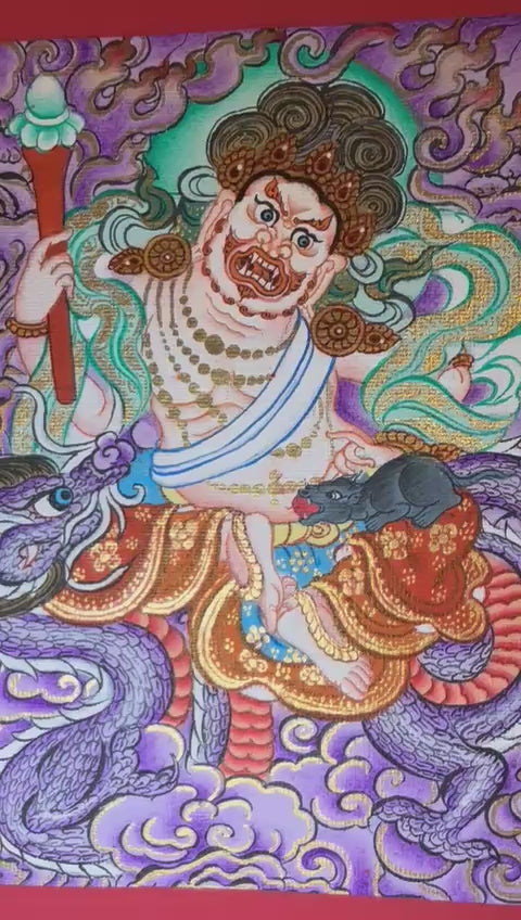 Panoramic Tibetan thangka of Five Dzambhala wealth deities seated on lotus thrones with jewel-spitting mongoose figures, set against a purple cloud and mountain landscape.