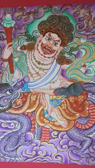 Panoramic Tibetan thangka of Five Dzambhala wealth deities seated on lotus thrones with jewel-spitting mongoose figures, set against a purple cloud and mountain landscape.