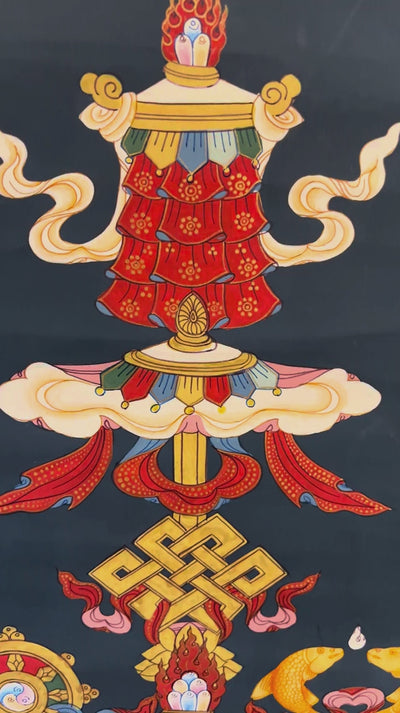 Ashtamangala Thangka painting featuring Eight Auspicious Buddhist Symbols on a deep blue background, 50 x 37 cm