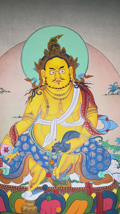 Zambhala thangka showing a golden wealth deity seated on a lotus holding a mongoose that releases jewels surrounded by offerings and symbols of abundance.