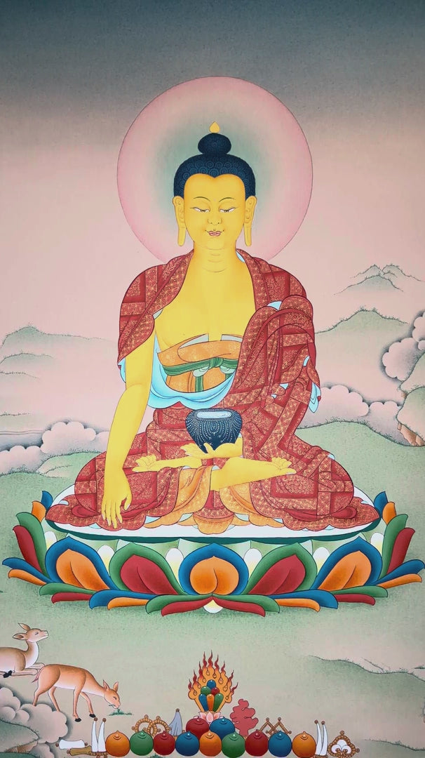 hakyamuni Buddha thangka showing the historical Buddha seated in meditation with earth-touching mudra and alms bowl