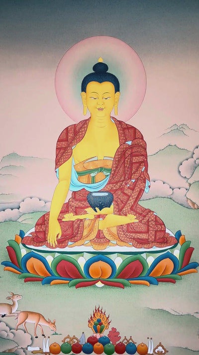 hakyamuni Buddha thangka showing the historical Buddha seated in meditation with earth-touching mudra and alms bowl