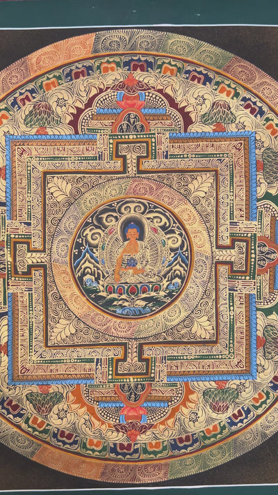 Hand painted Shakyamuni Buddha Mandala thangka depicting the Buddha seated within sacred geometric palace on dark background