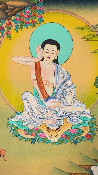 Hand-painted 60x45cm Milarepa thangka showing Jetsun Milarepa seated on deer skin with listening gesture and Himalayan landscape background.