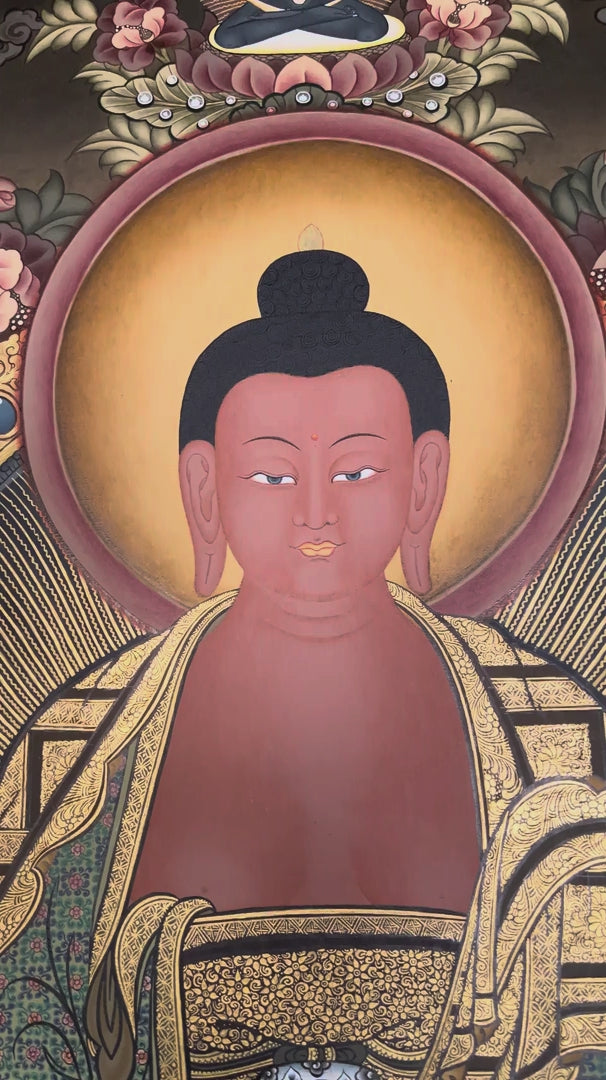Hand-painted Amitabha Buddha Thangka depicting Amitabha with Chenrezig and Vajrapani, featuring natural mineral pigments, gold detailing, lotus throne, and a traditional Himalayan landscape.