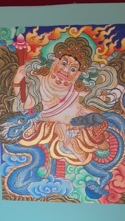 Panoramic Tibetan thangka of Five Dzambhala wealth deities in different colors seated on lotus thrones holding jewel-spitting mongoose symbols.
