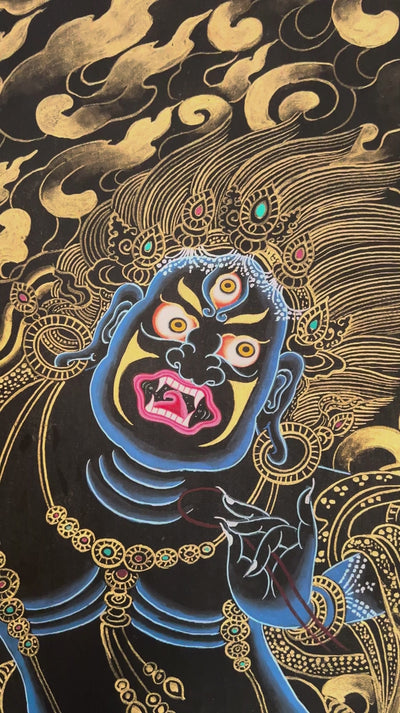 Hand-painted Gold-on-Black Vajrapani Thangka depicting the wrathful Bodhisattva holding a vajra with genuine gold detailing, celestial dragons, and Himalayan landscape.
