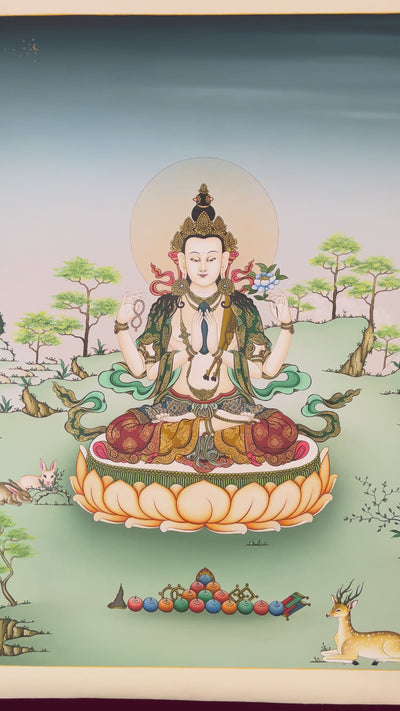 Hand-painted Chenrezig thangka showing four-armed Avalokiteshvara seated on lotus throne holding mala and lotus with Amitabha above in peaceful Himalayan landscape.