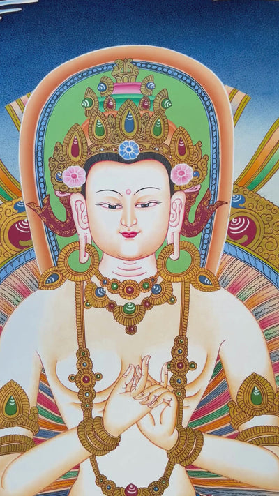 Newari Five Dhyani Buddhas thangka set depicting Amitabha, Vairocana, Akshobhya, Ratnasambhava, and Amoghasiddhi seated on lotus thrones with jeweled halos and traditional Vajrayana Buddhist symbolism.
