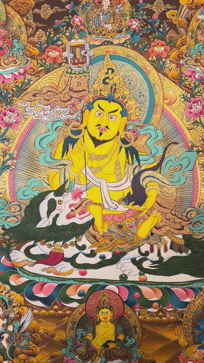 Hand-painted Singh Zambhala thangka showing lion-mounted wealth deity with mongoose and ornate background.