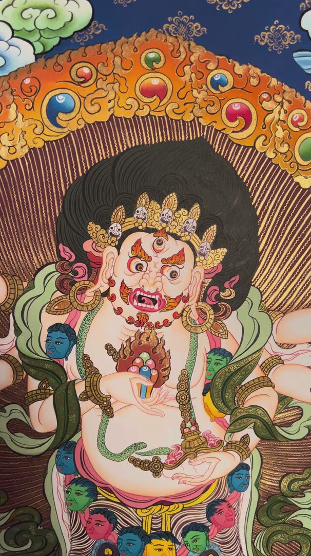 White Mahakala Thangka painting with sacred flames, lotus throne and Tibetan Buddhist symbolism, traditional Nepalese Buddhist art