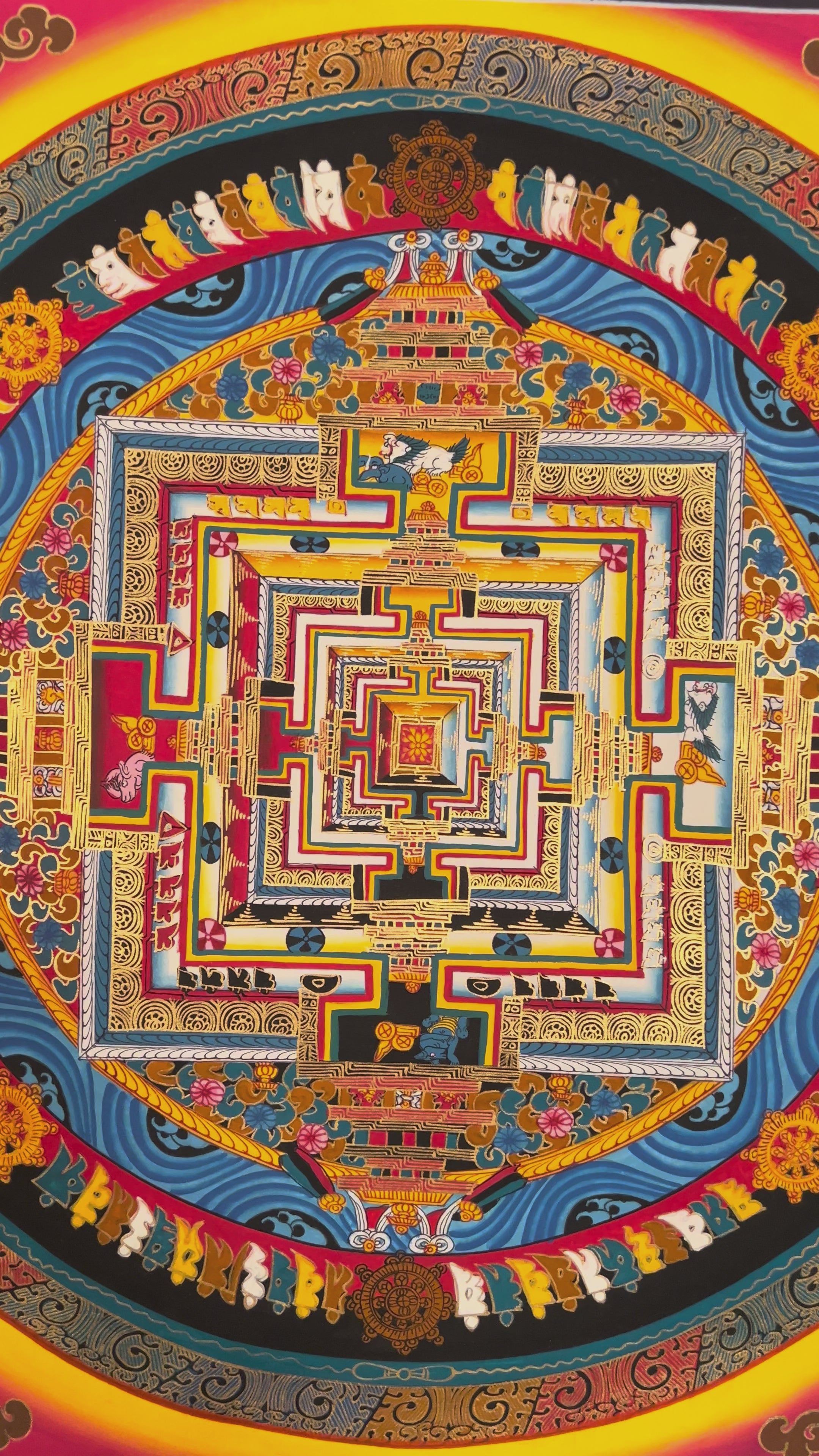 Hand painted Kalachakra Mandala thangka depicting intricate Tibetan Wheel of Time sacred palace with concentric protective rings