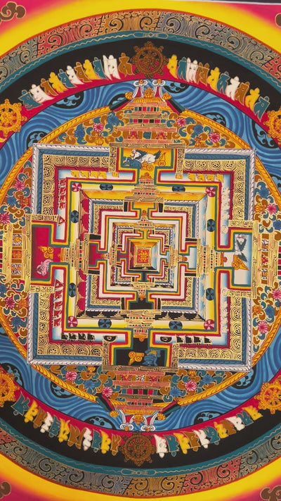 Hand painted Kalachakra Mandala thangka depicting intricate Tibetan Wheel of Time sacred palace with concentric protective rings
