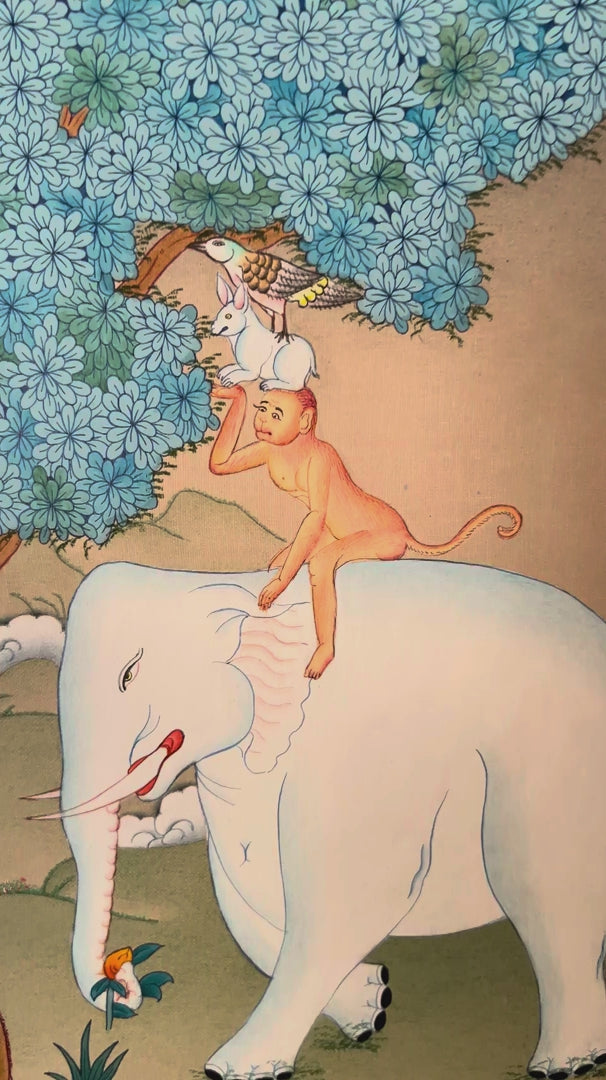 Four Harmonious Friends Tibetan thangka featuring elephant, monkey, rabbit, and bird beneath blue flowering tree