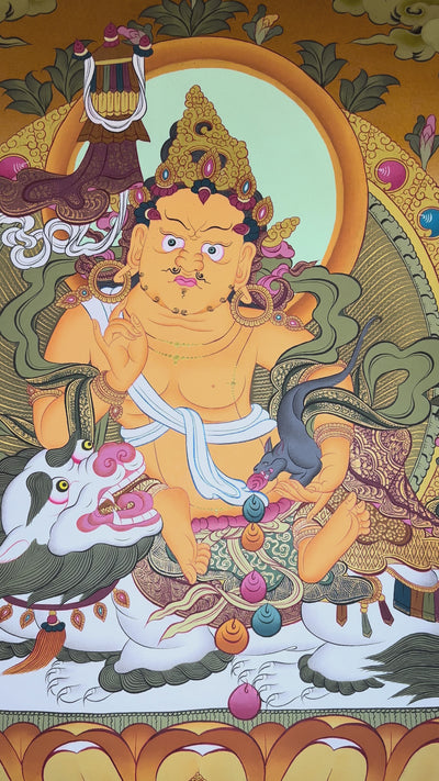 Singh Zambhala thangka depicting the Buddhist wealth deity riding a snow lion and holding a mongoose releasing jewels.