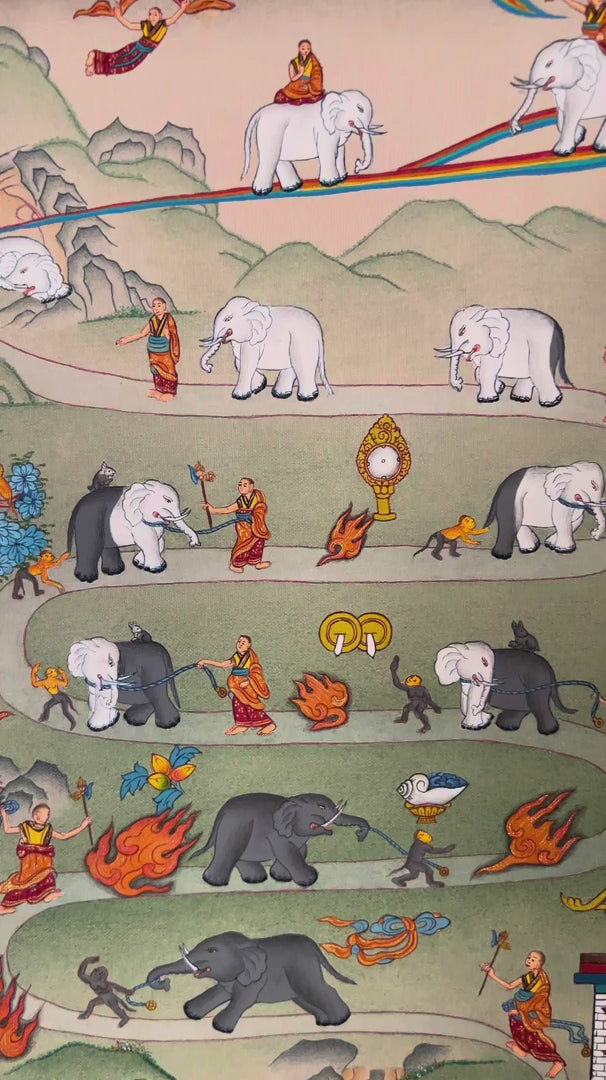 Way to Heaven thangka featuring monks guiding elephants along symbolic spiritual pathway