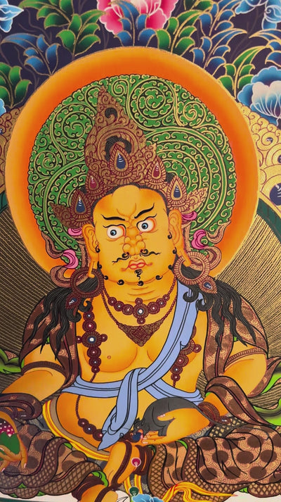 Hand painted Zambala Thangka painting depicting the Buddhist deity of prosperity seated on a lotus throne in traditional Nepalese Buddhist art