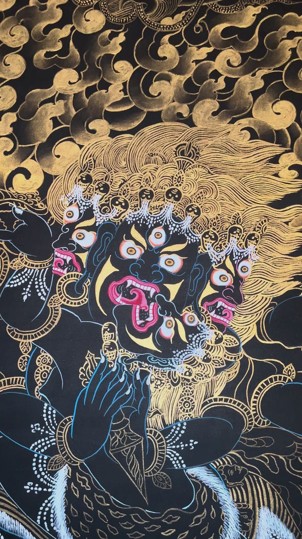 Hand-painted Gold-on-Black Vajrakilaya Thangka depicting the wrathful multi-armed Dorje Phurba with wisdom flames, sacred implements, and genuine gold detailing.