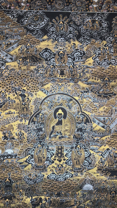 Hand-painted black and gold Tibetan Life of Buddha thangka featuring sacred narrative scenes surrounding the central Buddha figure with intricate Himalayan Buddhist detailing