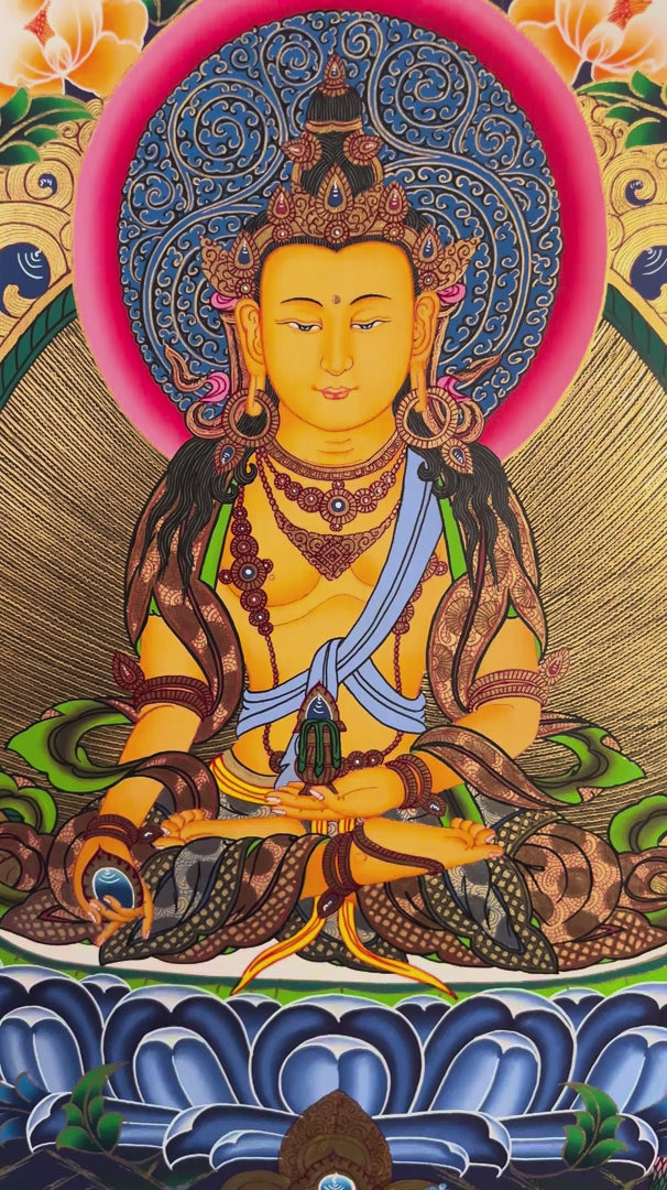 Hand painted Amitayus Thangka painting depicting the Buddha of Long Life seated in meditation on a lotus throne