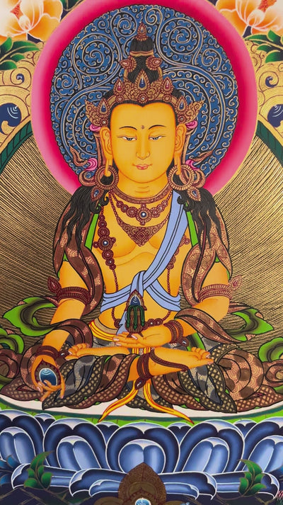 Hand painted Amitayus Thangka painting depicting the Buddha of Long Life seated in meditation on a lotus throne