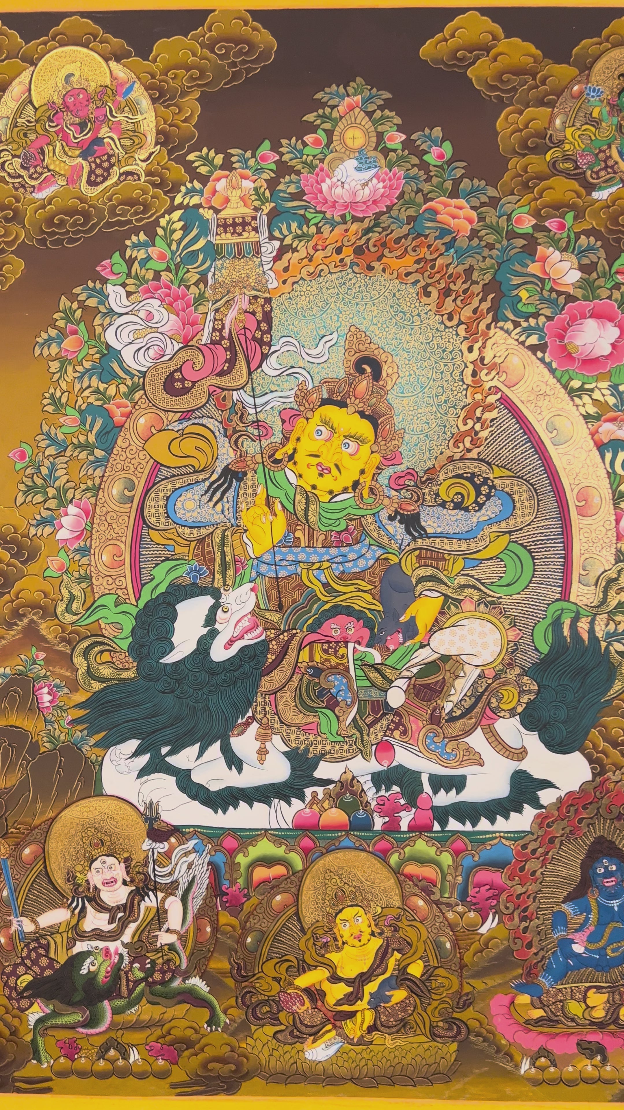 Singh Zambhala thangka with lion mount, attendants, and wealth symbolism.