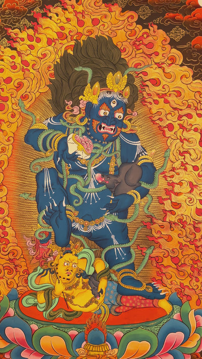 Hand-painted Black Zambhala thangka showing wrathful blue deity with flames, mongoose, and skull cup.