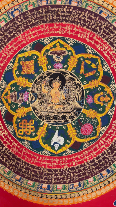 Hand painted Manjushree Mandala thangka depicting Tibetan Bodhisattva of Wisdom surrounded by mantra rings on red background
