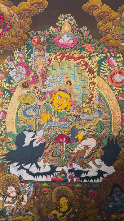 Hand-painted Five Singh Zambhala thangka showing lion-mounted wealth deity with multiple Dzambhala forms.