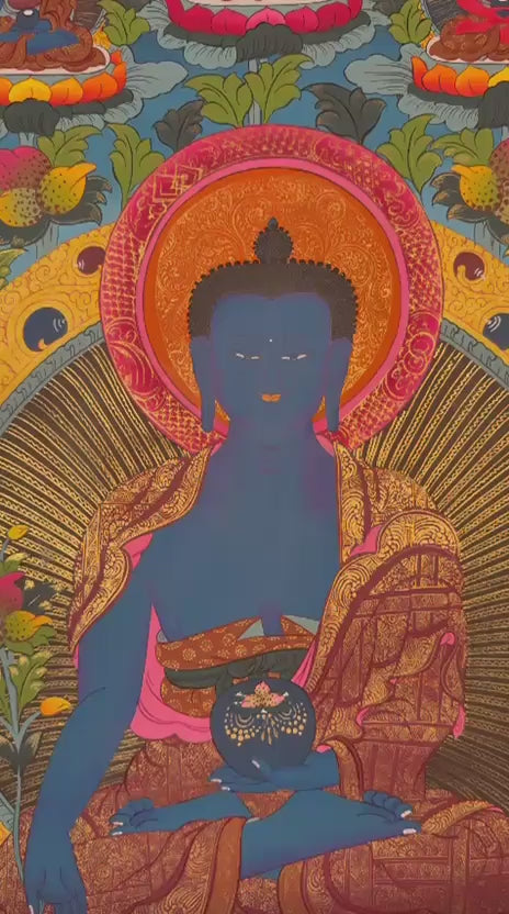 Hand-painted Medicine Buddha thangka featuring the Tibetan Buddha of Healing seated on a lotus throne with sacred gold detailing and vibrant Himalayan symbolism