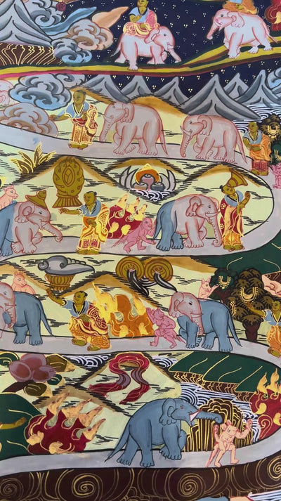 Way to Heaven Thangka painting featuring elephants, attendants, winding mountain paths, rivers, and intricate Himalayan landscape details, 50 x 37 cm