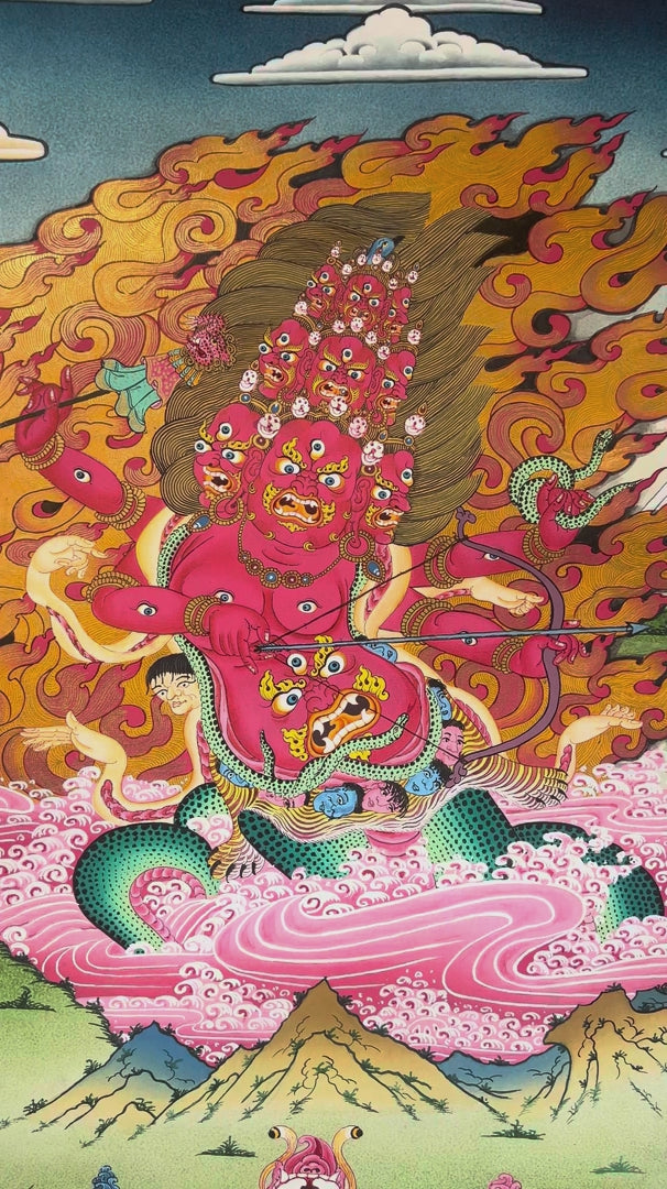 Rahula Thangka depicting the wrathful Dharma Protector with multiple faces, countless eyes, serpent body, and blazing wisdom flames in traditional Tibetan Buddhist art.