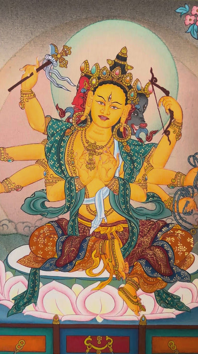 Marichi Tibetan Buddhist thangka featuring multi-armed goddess seated on lotus throne with sacred boars beneath