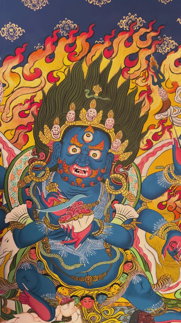 6 Hand Mahakala Thangka painting with flames and Tibetan Buddhist symbolism, traditional Nepalese Buddhist art