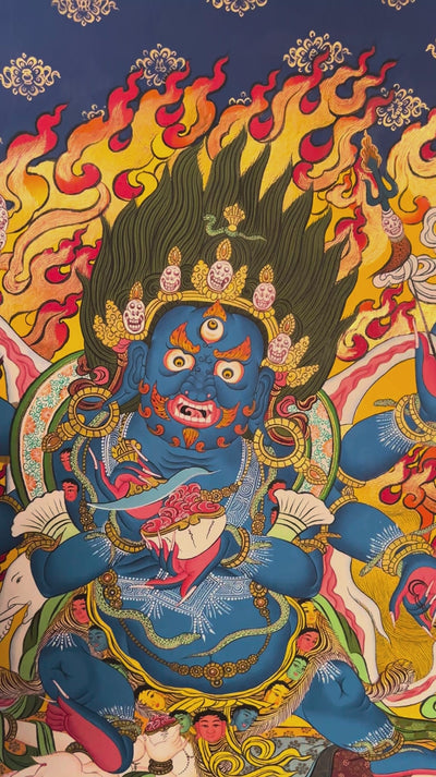 6 Hand Mahakala Thangka painting with flames and Tibetan Buddhist symbolism, traditional Nepalese Buddhist art