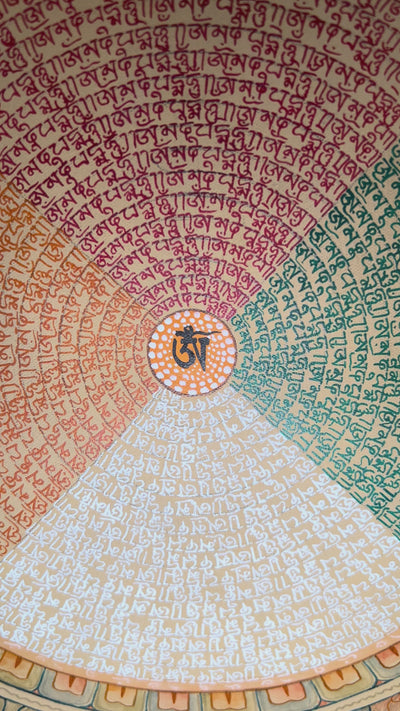 Tibetan special mantra mandala thangka with Om center and dense concentric rings of sacred script on a gold background.