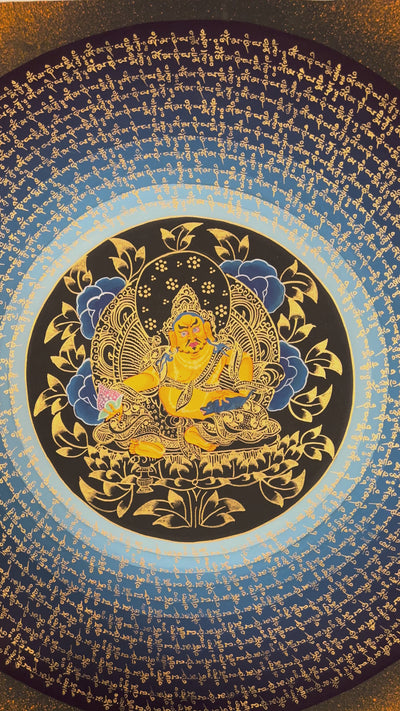 Hand painted Zambhala Mantra Mandala thangka depicting Tibetan wealth deity surrounded by concentric mantra rings on blue gradient background