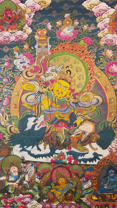 Hand-painted Singh Zambhala thangka showing wealth deity riding a snow lion, holding mongoose, surrounded by vibrant clouds and offerings.