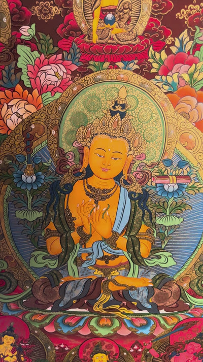 Manjushree Thangka painting with central Buddhist deity, surrounding figures, lotus motifs and intricate traditional Himalayan Buddhist artwork from Nepal