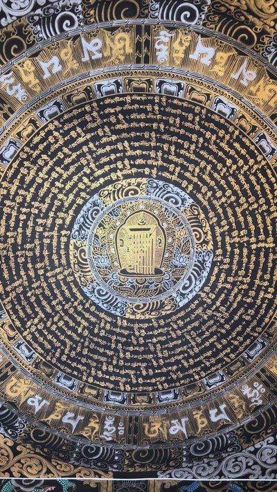 Mantra mandala thangka featuring sacred Buddhist calligraphy, gold detailing, concentric geometric patterns, and traditional Himalayan spiritual symbolism