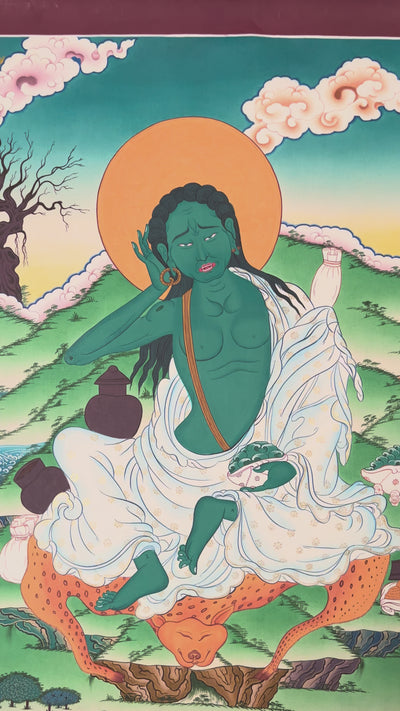 Milarepa thangka hand-painted Tibetan Buddhist yogi seated on deer skin in listening posture Himalayan landscape
