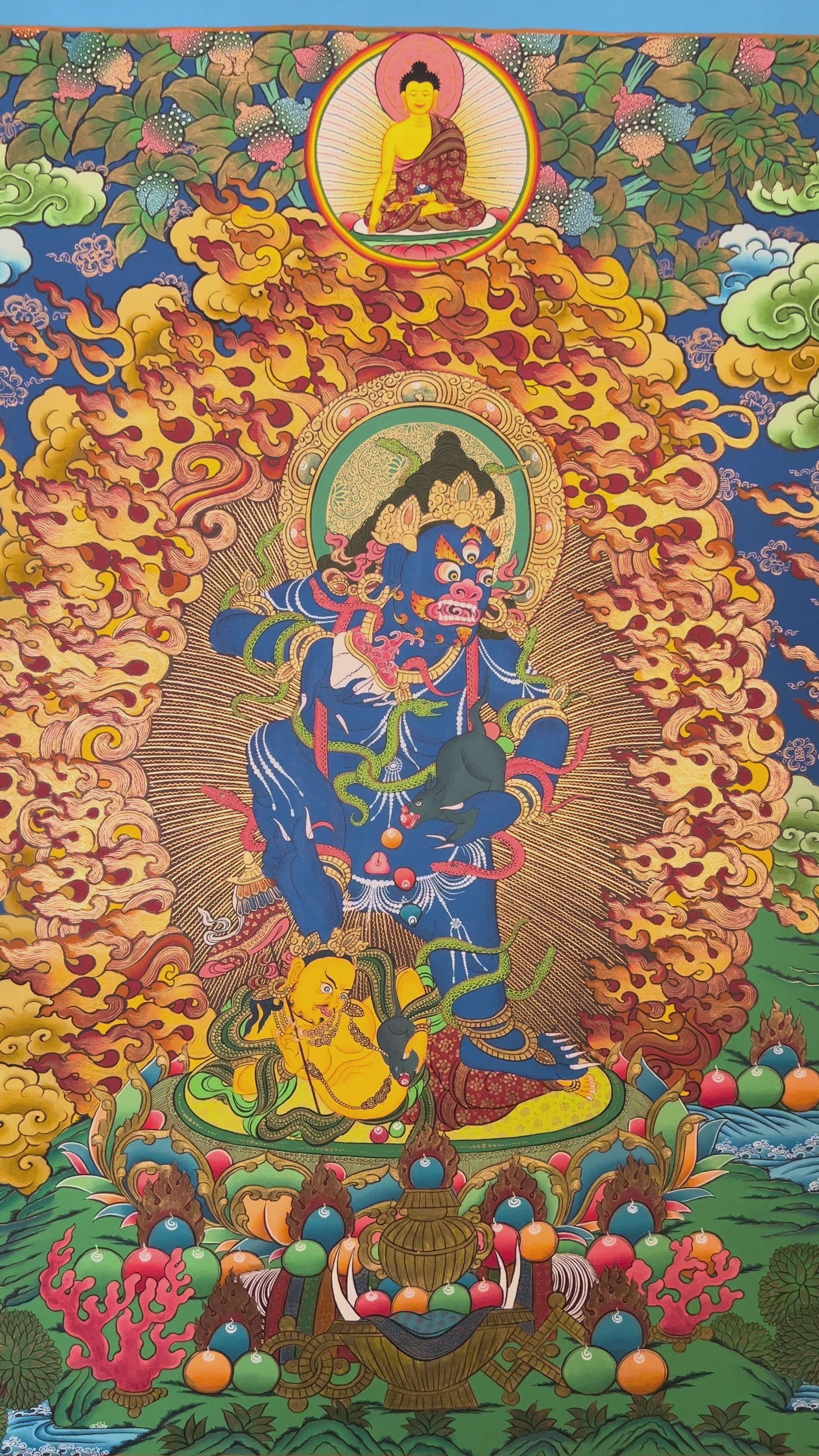 Black Zambhala thangka with Buddha above, flames, mongoose, and subdued figure.